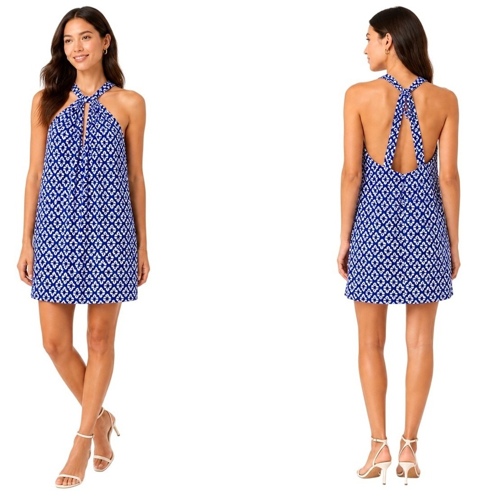 *NWT* Banana Republic Halter Dress Womens Small Blue White Geometric Tile Print